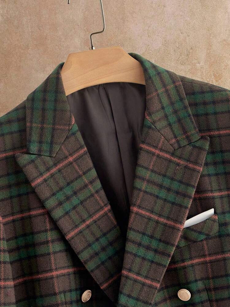 HIMLAND Men's Vintage Casual Plaid Mandarin Collar Double-Breasted Suit Jacket, Autumn Men Plaid Suit Men Double Breasted Suit Flannel Tuxedo Men 2 Piece Set Lapel Mens Jacket Suit Sports Coat Plaid Men - Multicolor - View 5