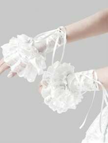 ROMWE Kawaii 洛丽塔蕾丝边网纱袖套，轻盈透气，适合音乐节派对 - 白色 - 查看 1