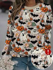 EMERY ROSE 女士万圣节幽灵、南瓜和蝙蝠印花插肩长袖套头卫衣秋季卫衣 - 彩色 - 查看 3