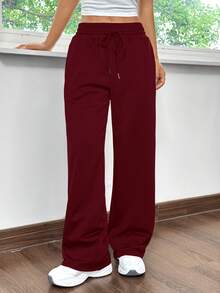 SHEIN EZwear 针织休闲宽松直筒运动裤，红色和酒红色 - 酒紅色 - 查看 5