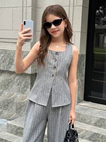 SHEIN 2pcs Tween Girls Grey Ribbed Waist Cinched Top + Long Casual Outfit Set, Fashionable For Commuting And Everyday Wear - Grey - View 5