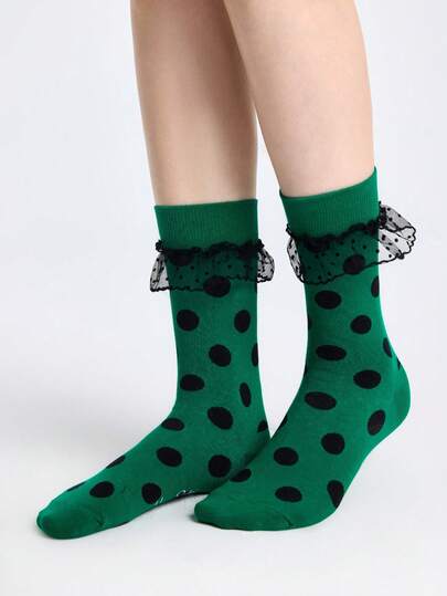 Kawaii Calzini alla caviglia da donna con motivo a pois, in rete con inserti e bordi a volant