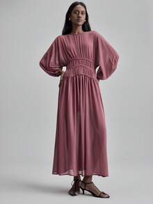 Ontre 2026春夏女士超长连衣裙，粉色连衣裙，情人节穿搭，度假风，简约韩式设计，酒红色，柔软雪纺面料，编织绳装饰，女士长裙，圆领，休闲度假风，韩式通勤风，日常穿着，春夏款 - 酒紅色 - 查看 2