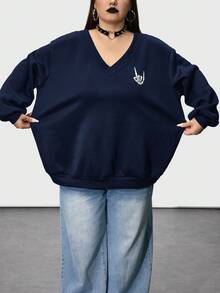 SHEIN CURVE+ 女式加大码 V 领骷髅手指花卉印花黑色加大码宽松羊毛运动衫冬季秋季秋冬 - 藏蓝色 - 查看 5