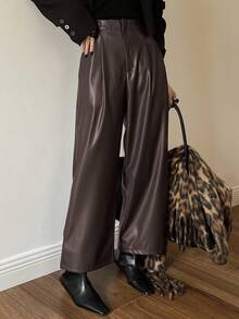 DAZY Damen Lässig PU Leder einfarbige Weite Bein Knöchellange Hose, Herbst/Winter