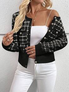 EMERY ROSE Áo khoác cardigan dệt kim đơn hàng khuy kim loại kẻ caro dành cho nữ, Thu/Đông - màu đen - Xem 5