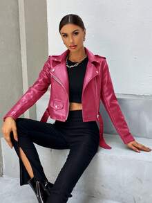 SHEIN BAE 女士时尚翻领拉链摩托车夹克，秋季款 - 玫紅色 - 查看 1