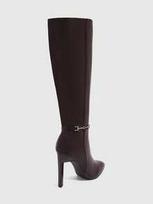 CUCCOO SZL 女士尖头细高跟金属扣黑色秋冬侧拉链及膝靴，简约设计，适合通勤、购物、派对 - 黑色 - 查看 10