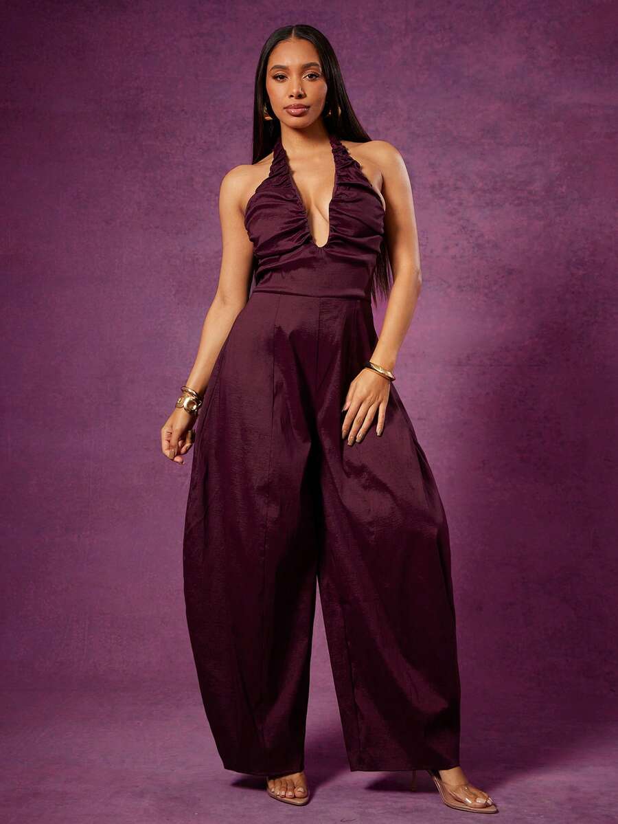 Vixey Ruched Bust Halter Neck Pleated Wide Leg Taffeta Jumpsuit