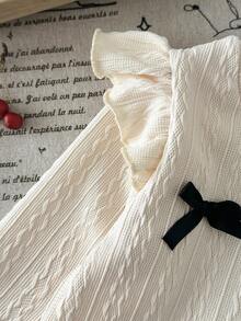 SHEIN 女婴秋冬时尚套装，优雅纹理上衣和裙子两件套，长袖蝴蝶结装饰短百褶裙 - 杏色 - 查看 7