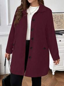 Plus Size Women's Solid Color Long Sleeve Single-Breasted Casual Pocket Woolen Coat, Autumn/Winter - Red - View 5