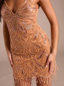Enchnt Premium Summer Romantic Women's Brown Beaded Decor Short Camisole Dress,Party Dress,Wedding Guest,Luxury Evening Dress,Vacation Outfits - Brown - View 2