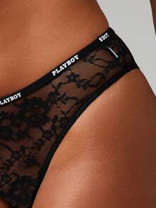 Missguided x Playboy Floral Lace Bralette And Cheeky Panty Set With Elastic Waistband Lingerie Collection Intimate Apparel - Black - View 6