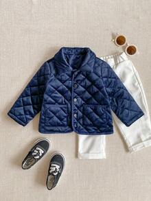 PrepCrw 1 件男婴优雅都市可爱百搭海军蓝菱形图案领夹克，适合日常休闲、外出、聚会、秋冬季 - 藏蓝色 - 查看 2