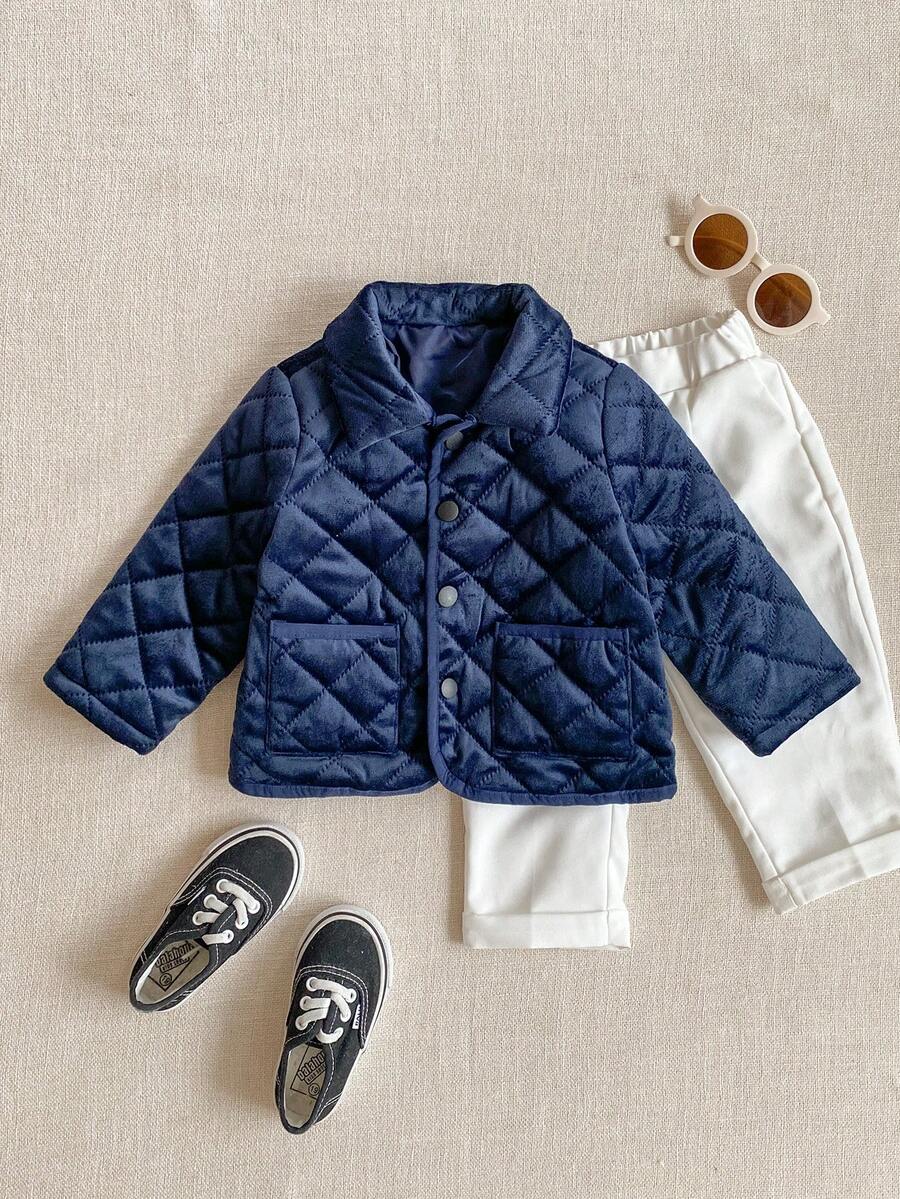 PrepCrw 1 件男婴优雅都市可爱百搭海军蓝菱形图案领夹克，适合日常休闲、外出、聚会、秋冬季