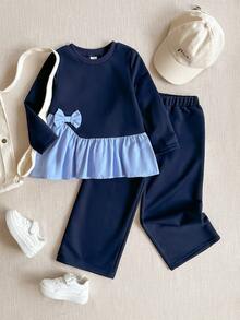PrepCrw 2pcs Young Girls Elegant Urban School Style Outfit, Featuring Contrast Bow Accent Crew Neck Sweatshirt And Pants Set In Light Blue And Navy, Suitable For Back To School, Casual Outings, Gatherings, Holidays, Autumn And Winter,Judy Hopps Costume Kids Girl Navy Color Block T Shirt And Pants Set Matching Sets For Girls Blue Kids Outfit - Navy Blue - View 2