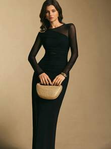 Poéselle Women's Black Mesh Patchwork Sheer Elegant Long Sleeve Dress,Women's Winter Dress ,Christmas Dress,New Year Dress,Elegant Dresses For Women,Casual Dresses For Women,Black Dress For Women,Suitable For Daily Wear, Party,Going Out, Commuting,Fall/Winter - Black - View 6