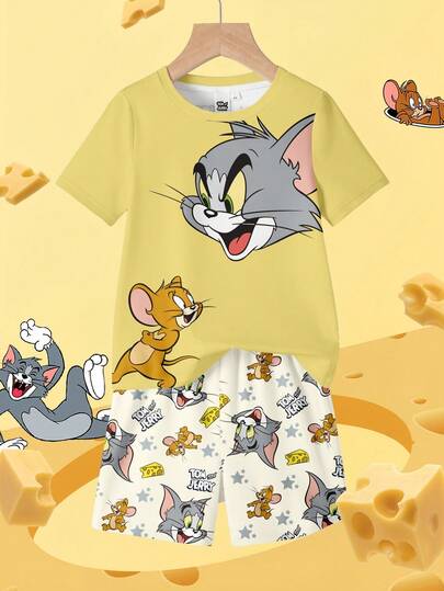 TOM & JERRY X SHEIN Sommarset med t-shirt och shorts, rund hals och tecknat mönster för ung pojke