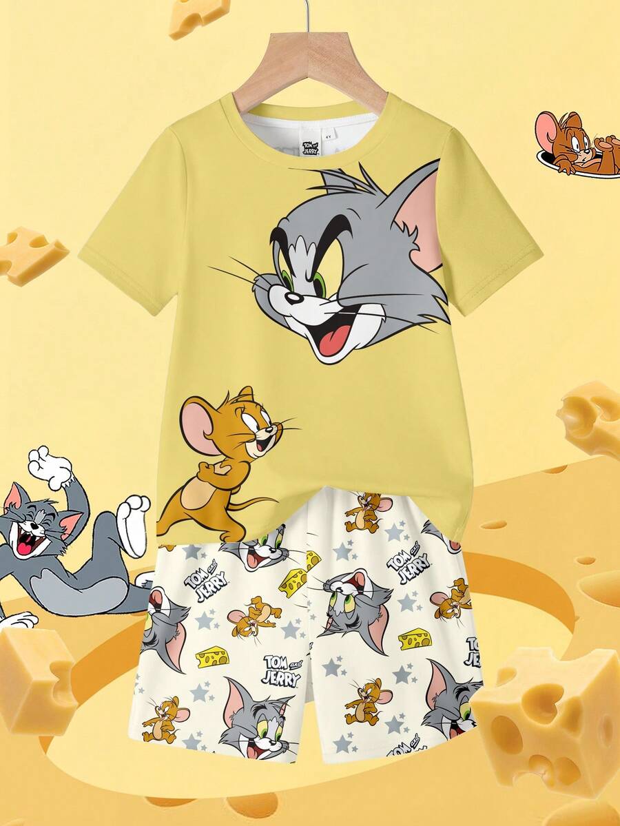 TOM & JERRY X SHEIN Young Boy Cartoon Pattern Round Neck Short Sleeve T-Shirt And Shorts Set, Summer - White - View 1