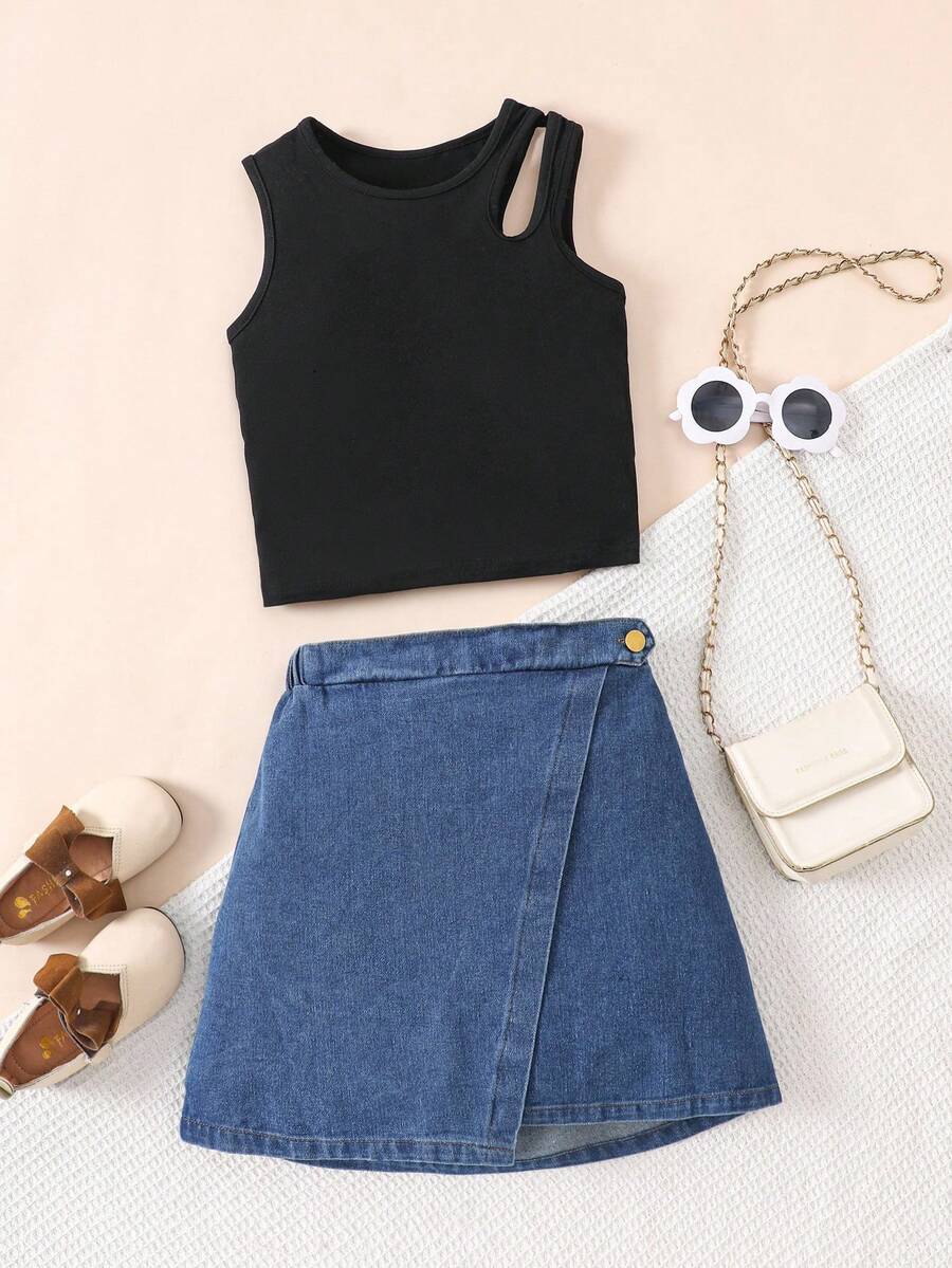 SHEIN ChillGRL Tween Girl Hollow Out Top & Denim Skirt 2pcs Set, Casual Summer Outfit - Black - View 1