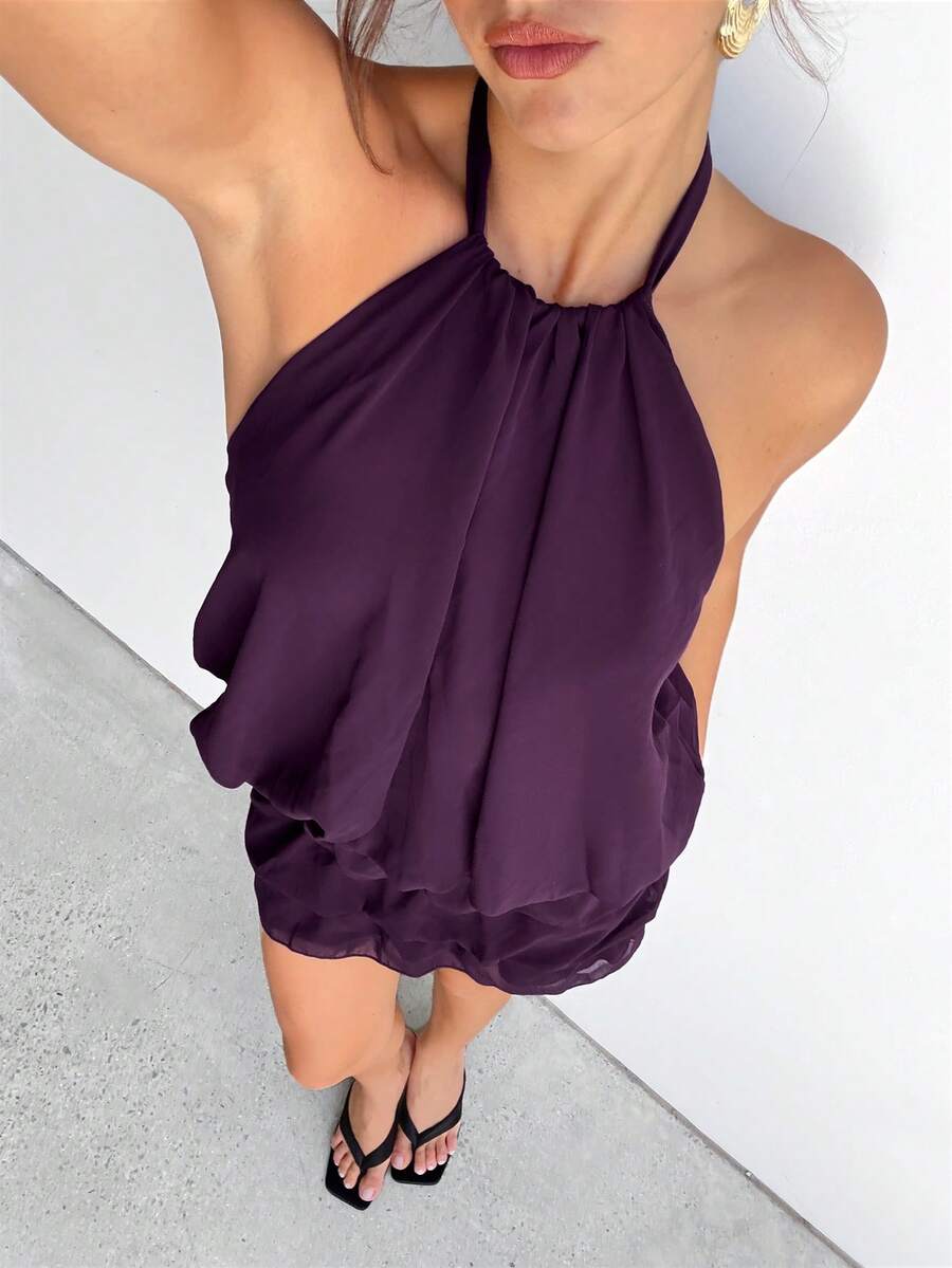 Aloruh Music Festival Sexy Halter Backless Layered Elastic Mini Dress For Women, Plum Purple