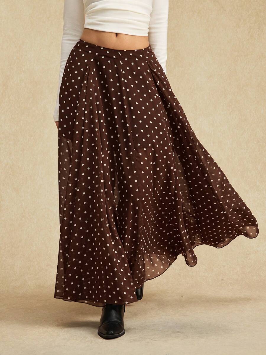 Easelle Chân váy voan chấm bi nâu dành cho nữ - màu nâu - Xem 1