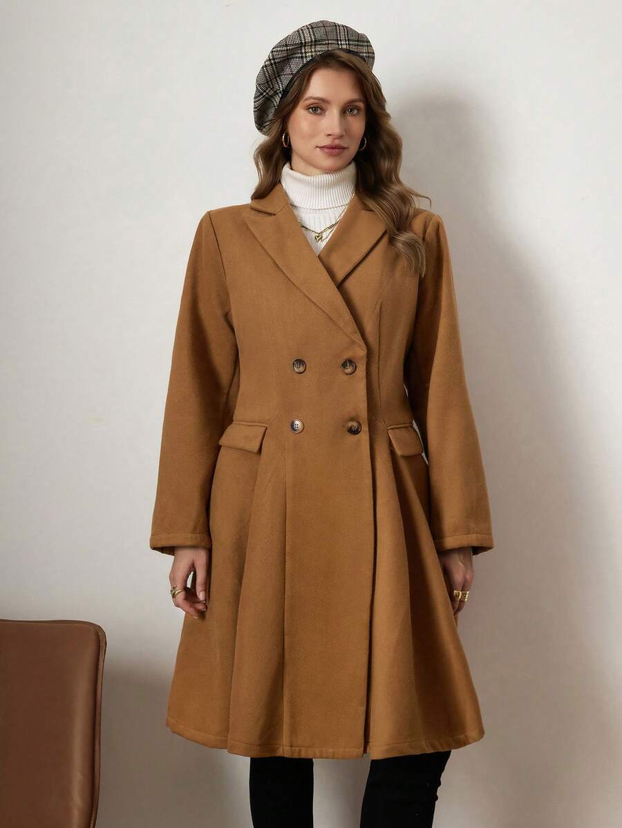 Comfylo Plus Size Women Lapel NeckDouble-Breasted Woolen Coat, Autumn/Winter Elegant Graduation Christmas New Year - Khaki - View 1