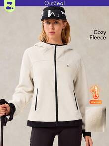 OutZeal 女士保暖抓绒连帽拉链外套，适合冬季、秋季徒步露营 - 杏色 - 查看 1