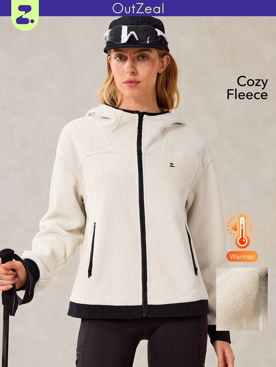 OutZeal 女士保暖抓绒连帽拉链外套，适合冬季、秋季徒步露营 - 杏色 - 查看 1