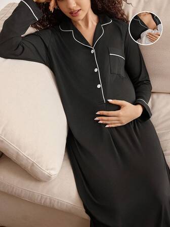 BloomMama 孕妇撞色滚边纽扣休闲时尚长袖连衣裙家居服