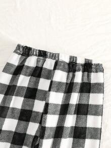 2 件套女童长袖运动衫和裤子套装，黑色蓬松云朵刺绣和格子图案，冬季休闲舒适家居服 - 黑色 - 查看 3