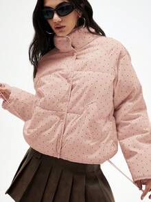 GENKIRA 女士乳白色黑白波点立领休闲宽松百搭羽绒服 - 粉色 - 查看 6