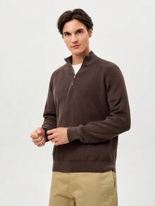 RONVEXI Men's Solid Color Stand Collar Half Zip Casual Long Sleeve Pullover Sweater - Coffee Brown - View 5