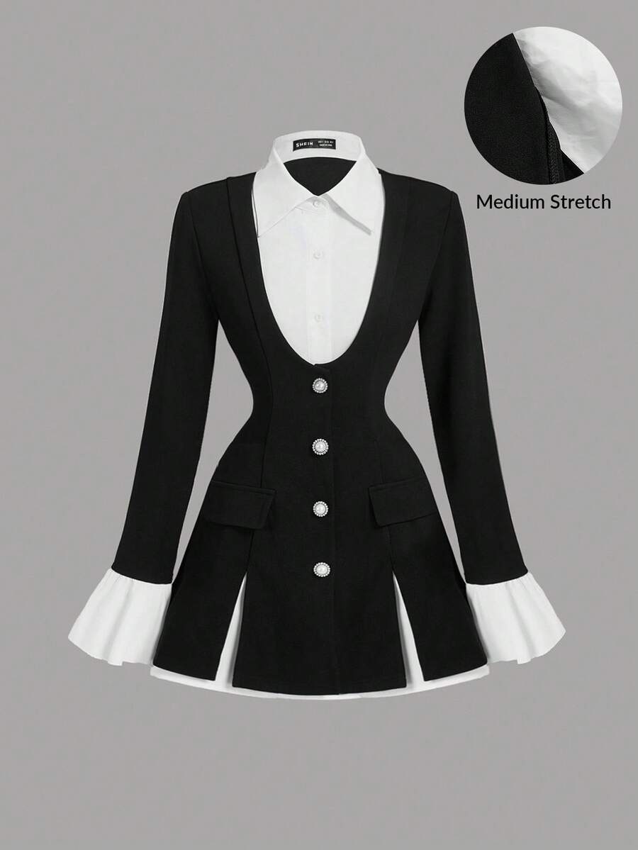 SHEIN MOD 女士二合一黑色束腰长袖荷叶边西装外套，新年女士、商务休闲女士、办公室女士、优雅黑色、大学生秋冬季必备