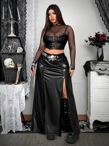 Whyspr 大码秋冬PU仿皮金属孔眼系带镂空双开衩优雅复古性感朋克哥特长裙 - 黑色 - 查看 4