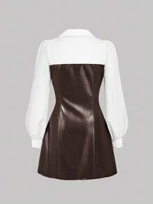 SHEIN MOD 大码女式棕色PU衬衫裙，二合一衬衫裙 - 棕色 - 查看 3