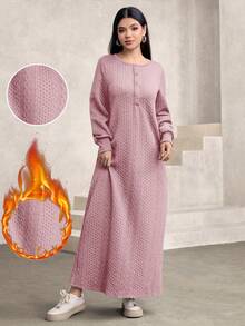 Graceveil 女士休闲纹理面料宽松长款圆领卫衣，绿色，秋冬款 - 粉色 - 查看 1