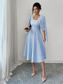 Elenzga Trang phục hẹn hò đầu thu dành cho nữ, Thích hợp cho ngày tựu trường, Trang phục giáo viên, Phong cách Trung Đông, Trang phục công sở thường ngày thanh lịch trưởng thành, Váy chữ A đính cườm phong cách Hàn Quốc lãng mạn ngọt ngào kiểu Pháp và áo khoác ngắn croptop 2 món, Váy dài vừa phải màu hồng - Xanh và trắng - Xem 4