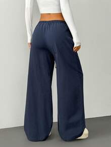 SHEIN PETITE Damen Marineblau Baumwolle und Leinen Hose,Herbst Lässig Loungewear Kordelzug Elastischer Bund Schräge Taschen Weites Bein Hose,Sommer Lockere Hose,Petite Damen - marineblau - Übersicht 2