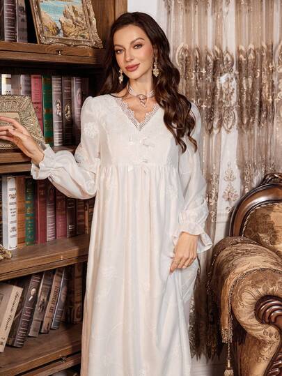 PalaceNights Geborduurde Neck Bowknot Loose Fit Mid Length Long Sleeve Women Nightgown, Fall view 4