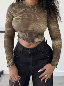 Alexandranx Top de malla de manga larga con estampado mixto de animales sexy para salir, festivales, fiestas, vacaciones en Ibiza, otoño, Halloween, invierno - Verde Oscuro - Ver 4