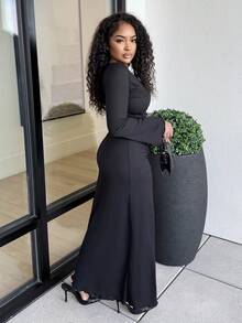 Alexandranx 纯色合身喇叭袖口长袖优雅连衣裙 - 黑色 - 查看 5