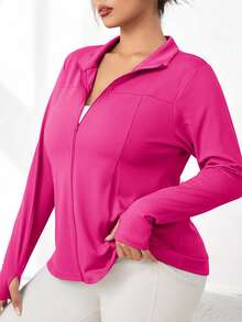 SHEIN Rhythm Era 女士休闲运动纯色拉链领长袖外套 - 玫紅色 - 查看 4