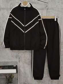 Vacaura 2pcs/Set Boys' Sporty Casual White Stripe Black Jacket And Drawstring Pants, Suitable For Autumn/Winter Outdoor Activities - Black - View 3