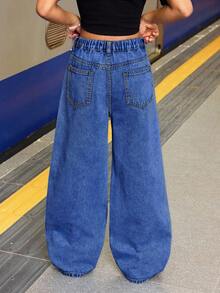 SHEIN Tween Girls' Y2K Fashionable Solid Washed Bowknot Jeans Embroidered Bow Baggy Denim Straight Leg Jeans,Tween Girl Fall Clothes Back To School Streetwear Outfits Winter - Medium Wash - View 2