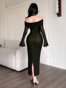 Feyla Women's Elegant Off Shoulder Flare Sleeve Dress, Autumn - Green - View 6