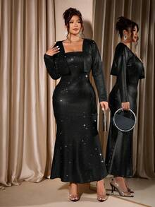 Cravure 大码女式银箔性感抹胸收腰美人鱼裙摆紧身连衣裙配小开衫外套两件套 - 黑色 - 查看 8