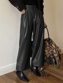 DAZY Women's Casual PU Leather Solid Color Wide Leg Ankle Length Pants, Autumn/Winter