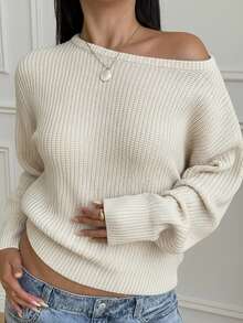 SHEIN Teen Girl Casual Striped Knit Sweater, Minimalist & Fashionable, Suitable For Everyday Wear, Autumn/Winter Tops Cute Off Shoulder Cozy Fall & Winter Styles Suitable For Daily, Celebration, Autumn & Winter For Easy Comfort, Autumn & Winter Layers, Stylish - Apricot - View 5