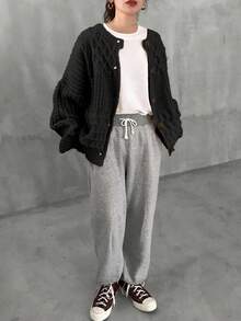 FRIFUL Áo khoác cardigan dệt kim dáng rộng tay dài trễ vai màu trơn, đơn hàng khuy, thu/đông cho nữ - màu đen - Xem 2